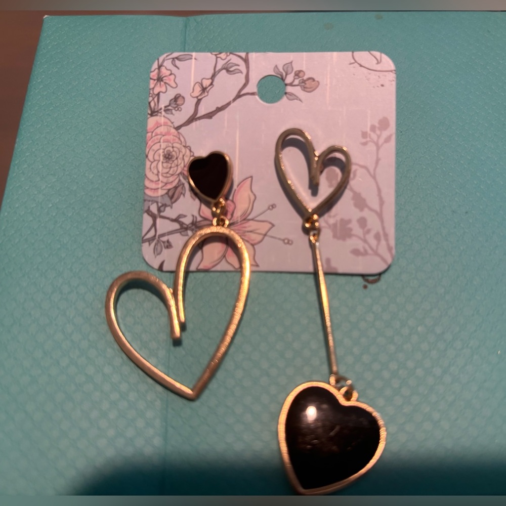 Gold and Black Heart Drop Earrings